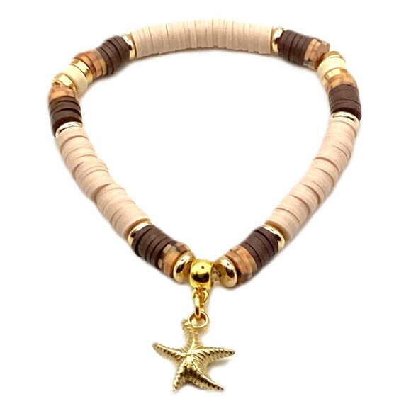 Beading Artistry Jewelry - Polymer Clay Heishi and Natural Shell Stretch Bracelet - Sunlit Sands - Handmade